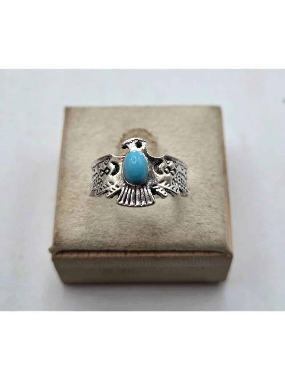 Silver  Tone Thunderbird Ring With Faux Turquoise Stone